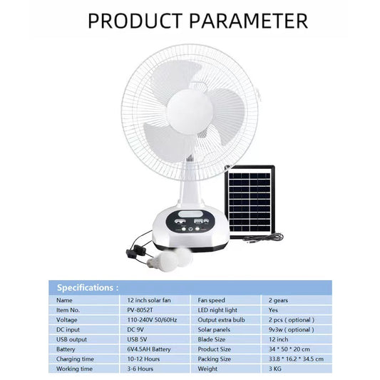 Electric Solar Fan Table Ventilator USB Rechargeable Charging 12Inch 2-Speed Desk Cooling Fan with 2 Lamps for Camping Home